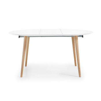 Oqui extendable round table, white lacquered MDF, solid beech legs, 120(200)x120cm