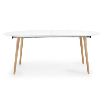 Oqui extendable round table, white lacquered MDF, solid beech legs, 120(200)x120cm