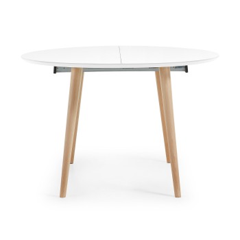 Oqui extendable round table, MDF lacquered white 120 natural, white lacquer
