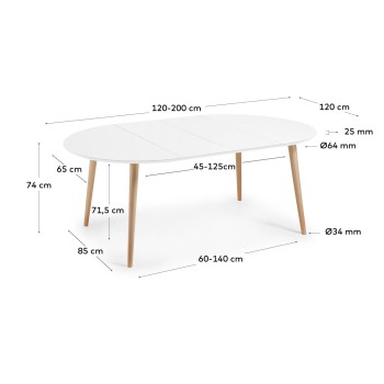 Oqui extendable round table, MDF lacquered white 120 natural, white lacquer