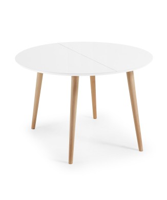 Oqui extendable round table, MDF lacquered white 120 natural, white lacquer