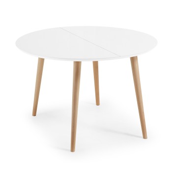 Oqui extendable round table, MDF lacquered white 120 natural, white lacquer