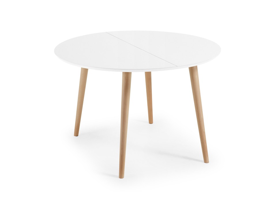 Oqui extendable round table, MDF lacquered white 120 natural, white lacquer