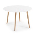 Oqui extendable round table in natural white lacquered MDF