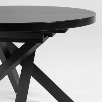 Vashti extendable round table in glass and steel legs, black finish, Ø 120 (160) cm