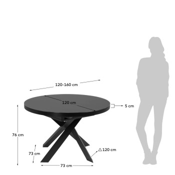Vashti extendable round table in glass and steel legs, black finish, Ø 120 (160) cm