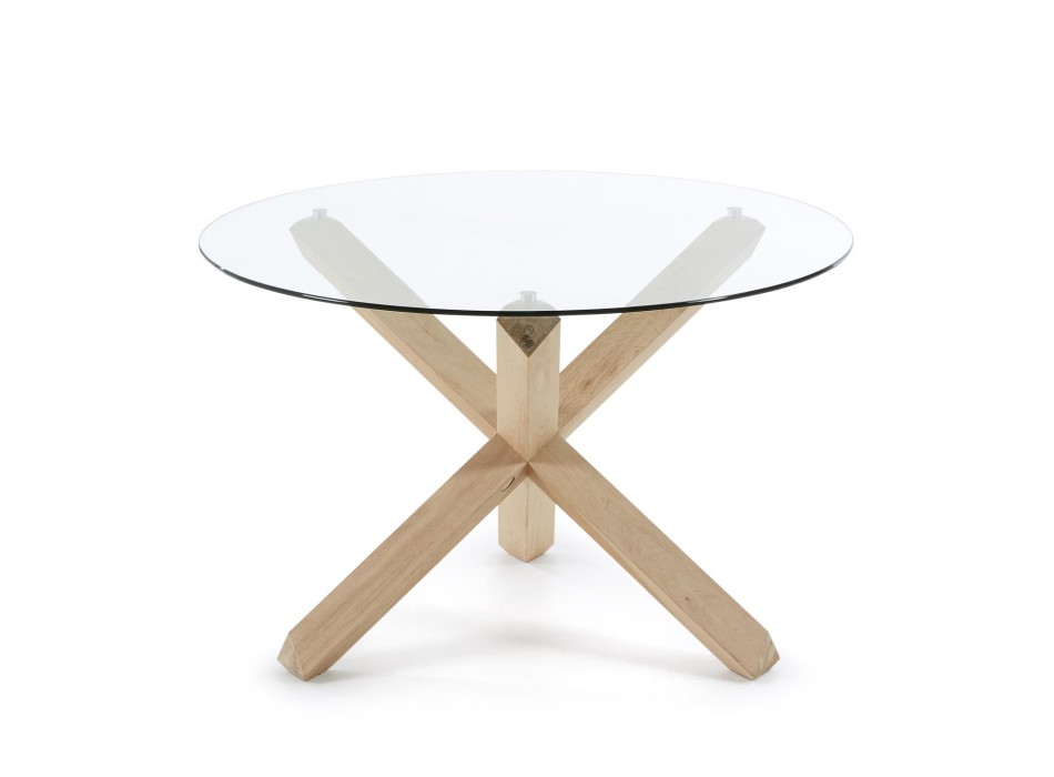 Lotus round table in glass and wooden legs masian glass wooden legs