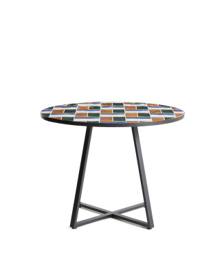 Tella round table in graphite galvanized steel and multicolored tiles Ø120 cm