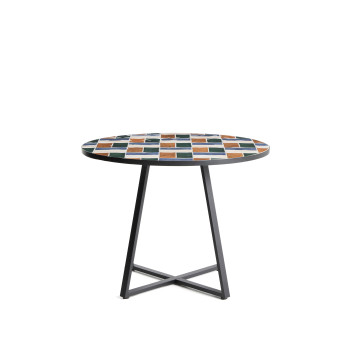 Tella round table in graphite galvanized steel and multicolored tiles Ø120 cm
