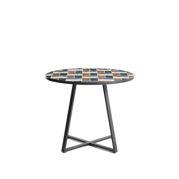 Tella round table in graphite galvanized steel and multicolored tiles Ø90 cm