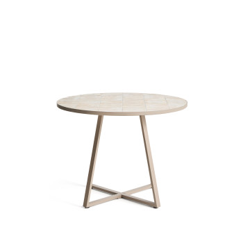 Tella round table in dove-grey galvanized steel and beige tiles, Ø120 cm