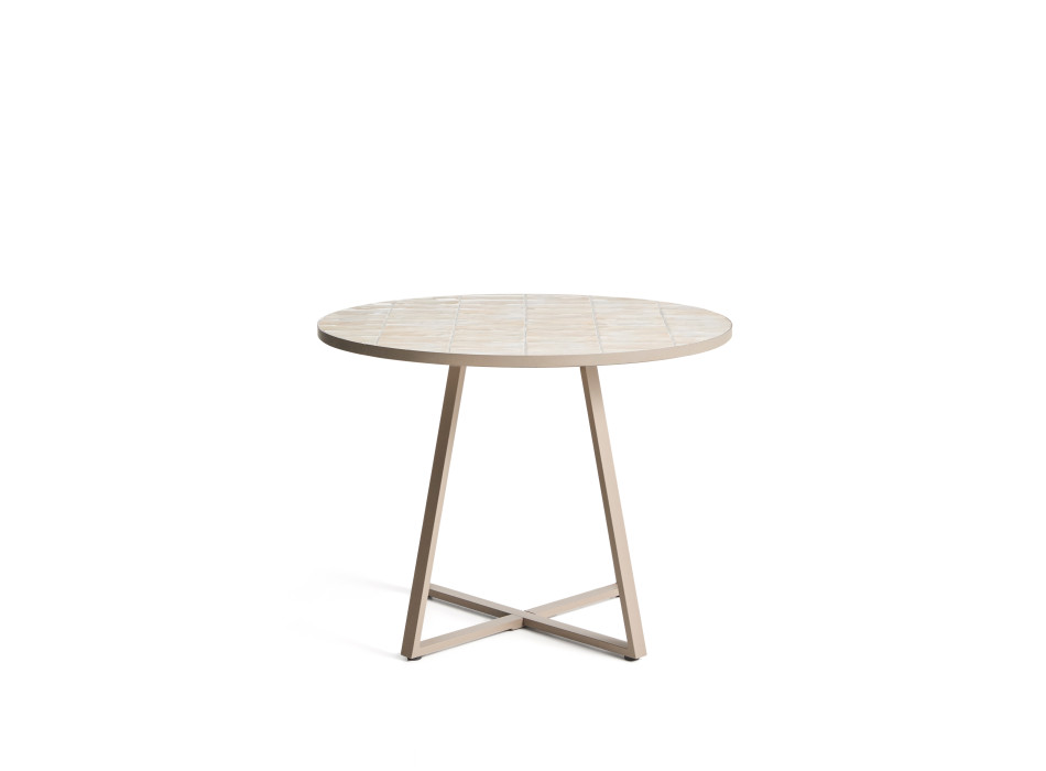 Tella round table in dove-grey galvanized steel and beige tiles, Ø120 cm