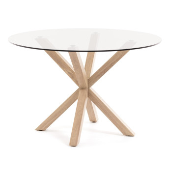 Argo round glass table with wood-effect steel legs, Ø 119 cm
