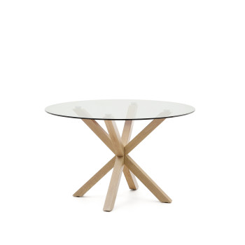Argo round glass table with wood-effect steel legs, Ø 119 cm