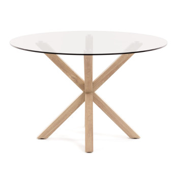 Argo round glass table with wood-effect steel legs, Ø 119 cm