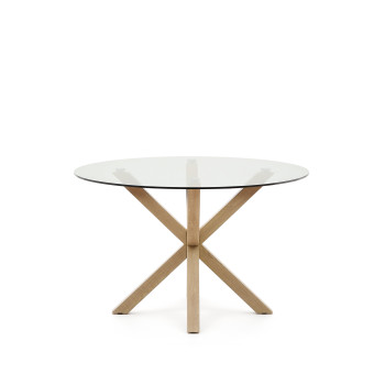 Argo round glass table with wood-effect steel legs, Ø 119 cm