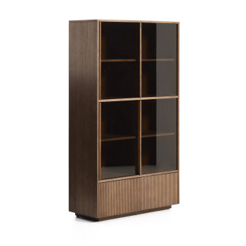 Helvine display cabinet with 4 doors and 2 drawers in ash veneer with walnut finish and tempered glass 100 x 174 cm FSC 100%