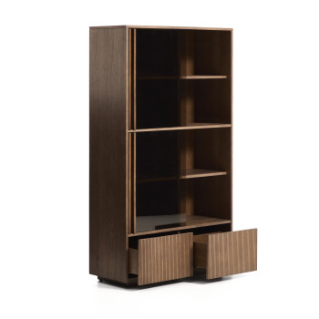Helvine display cabinet with 4 doors and 2 drawers in ash veneer with walnut finish and tempered glass 100 x 174 cm FSC 100%