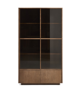 Helvine display cabinet with 4 doors and 2 drawers in ash veneer with walnut finish and tempered glass 100 x 174 cm FSC 100%