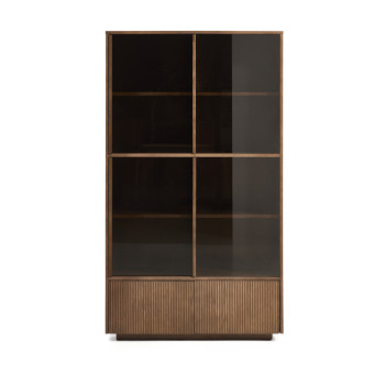Helvine display cabinet with 4 doors and 2 drawers in ash veneer with walnut finish and tempered glass 100 x 174 cm FSC 100%