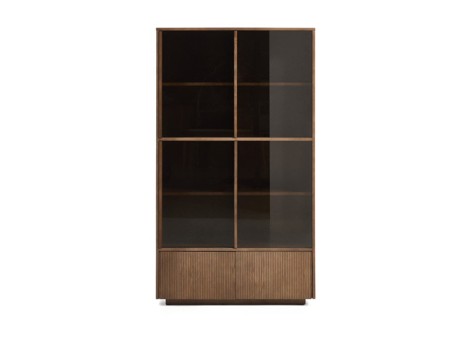 Helvine display cabinet with 4 doors and 2 drawers in ash veneer with walnut finish and tempered glass 100 x 174 cm FSC 100%